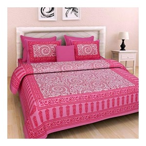BedZone 100% Cotton 1 Rajasthani Tradition King Size Double Bedsheet with 2 Pillow Cover (Pink)