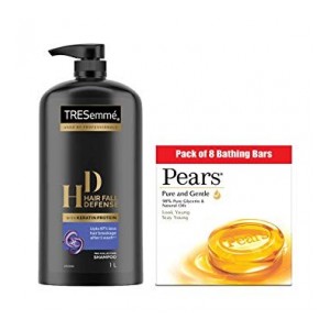 TRESemme Hair Fall Defence Shampoo, 1000 ml with Pears Pure and Gentle Bathing Bar, 125 g (Pack of 8)