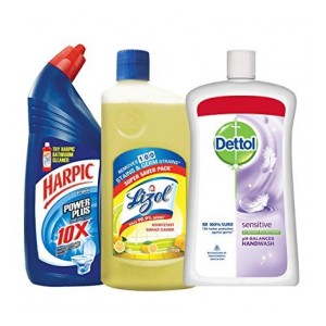 Harpic Household Cleaning Kit (Harpic - 1 L (Original), Lizol - 975 ml (Citrus), Dettol Hand Wash - 900 ml (Sensitive)) Pantry
