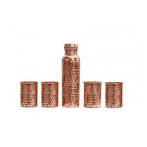 Signoraware Copper Bottle with 4 Glasses, Hammered Set of 5, Copper