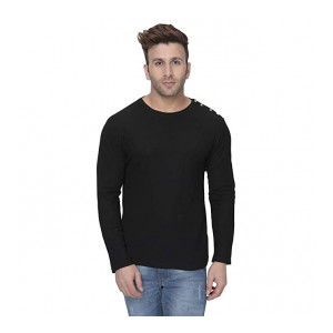 GRITSTONES Black Waffle Knit Full Sleeves Crew Neck Side Button T-Shirt