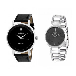 Traktime Men's/Women's Black Dial Couple Combo Watch for Men and Women - Unique Leather Analog Quartz Leather and Stainless Steel Band - Casual Watches