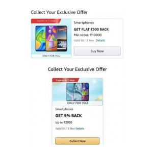 Amazon Smartphones Get flat 500 cashback on minimum order value of 10000 (8-13Nov) (Collect Offer) (Account specific Offer)