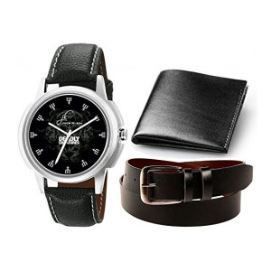 Jack Klein Round Dial Leather Strap Elegant Analogue Wrist Watch with Black Leather Wallet and Belt