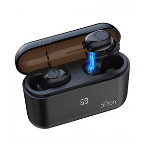 (Renewed) PTron Tango Bluetooth Headphones 5.0 True Wireless Earphones TWS, High Bass, Noise Canceling Earbuds, Built-in Mic with 1500mAh Powerbank for All Smartphones (Black)
