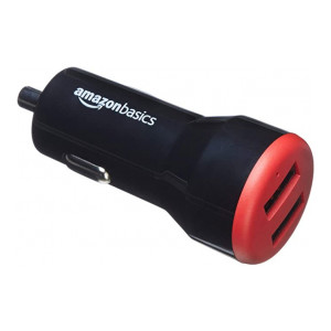 AmazonBasics 4.8 Amp/24W Dual USB Car Charger for Apple & Android Devices, Black / Red