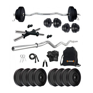 Kore PVC 16-30 Kg Home Gym Set with One 3 Ft Curl and One Pair Dumbbell Rods with Gym Accessories