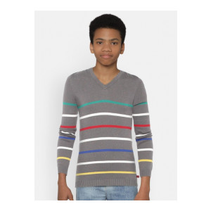 United Colors of Benetton : Striped V Neck Casual Baby Boys Grey Sweater