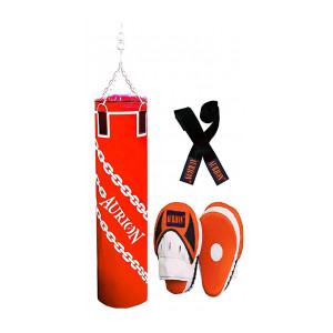 Aurion Unfilled Heavy Punch Bag 3ft 4ft 5ft Boxing MMA Sparring Punching Training Kickboxing Muay Thai with Focus Pad & Boxing Hand Wrap Hanging Chain