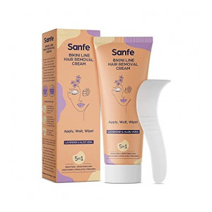 Sanfe Bikini Line hair removal cream for women for Sensitive Skin - 50gm with Lavender and Aloe vera extracts | Smell and Pain Free Instant Removal at home | Waxing Alternative for Bikini , Underarms, Stomach, Hand and Legs Area | No harsh chemicals | Removes Stubbles |Brightens & Nourishes