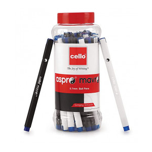 Cello Aspro Mavro Ball Pen (25 Pens Jar - Blue) | For office and school use | Lightweight body ideal for longer writing duration | Stylish white & black matte body (Apply coupon)