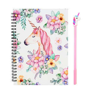Jiada Unicorn Print Wirebound Spiral Diary Notebook A5 Size, 160 Pages - 1 Unicorn Pen Free