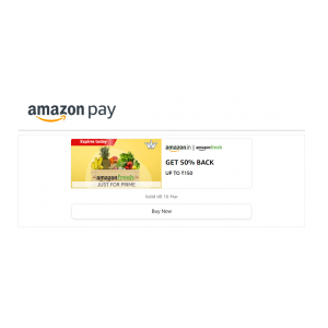 Get flat 50% back upto 150 Amazon Fresh Fruits and Vegetables order between 16-Mar-2022 to 16-Mar-2022 of minimum order value 200