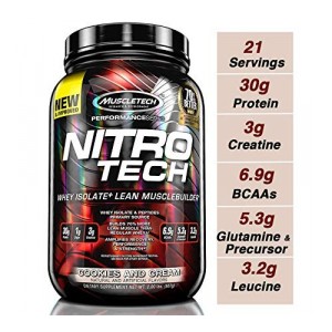 Muscletech Performance Series Nitrotech Whey Protein Peptides & Isolate (30g Protein, 1g Sugar, 3g Creatine, 6.9 BCAAs, 5.3g Glutamine & Precursor, Post-Workout) - 2lbs (907g) (Cookies and Cream)