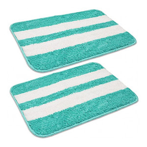 Amazon Brand - Solimo Microfibre Anti-Slip Bathmat, Stripe, (Dark Turquoise, 35cm x 50cm) Set of 2