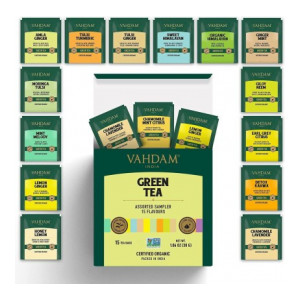 Vahdam 100% Natural Immunity Boosting Green | Variety Sampler Box | Contains 15 Pyramid Tea Bags of 15 Different Exotic Flavours Chamomile, Lemon, Honey, Tulsi Green Tea Bags Pouch  (15 Bags)
