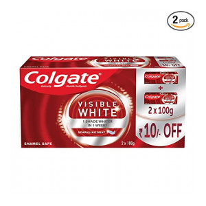 Colgate Visible White Teeth Whitening Toothpaste, Pack of 200g ​ (100g X 2), with Whitening Accelerators for Tobacco Stain Removal & Teeth Whitening, Colgate Toothpaste with Minty Flavor for Everyday Fresh Breath