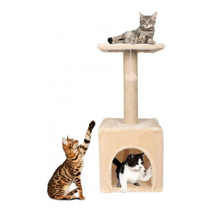 RioAndMe Cat Activity Tree and Scratching Post, Carpeted Natural Sisal Tower with Platform and Hanging Ball Cat Furniture | Made for Kitten and Small Cat (Height 72.6 cm ; Beige)