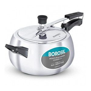 Borosil Pronto Induction Base Inner Lid Aluminium Pressure Cooker, 3.6 mm Thick Base, 6.5 L, Silver