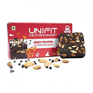 [Apply Coupon] UNIFIT Delicious Ready to Eat Brownie With Almond Toppings & Rich Source of Protein & High Fiber Sugar Added | brownie cake | fudge | chocolate – 300gm