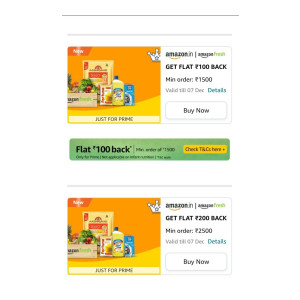 Amazon Fresh  : ₹100 Cashback on Min Order ₹1500 / ₹200 Cashback on Min Order ₹2500 ++ Extra 10% Off Using Kotak  Cards
