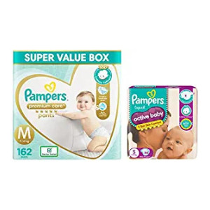 Pampers Premium Care Pants, Medium size baby diapers (MD), 162 Count, Softest ever Pampers pants & Pampers Active Baby Taped Diapers, Small size diapers, (SM) 46 count, taped style custom fit