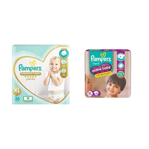 Pampers Premium Care Pants,Extra Large Size Baby Diapers(XL),36 Count, Softest Ever Pampers Pants & Pampers Active Baby Taped Diapers,Extra Large Size Diapers,(XL) 56 Count,Taped Style Custom Fit