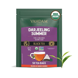 VAHDAM Organic Darjeeling Black Tea Bags- 50 Units| Pure Single Estate Whole Leaf Darjeeling Tea from Himalayas | Medium Caffeine, High Energy Tea Bags