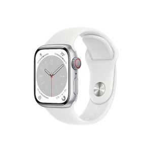 Apple Watch Series 8 [GPS + Cellular 41 mm] Smart Watch w/Silver Aluminium Case with White Sport Band. Fitness Tracker, Blood Oxygen & ECG Apps, Always- On Retina Display, Water Resistant with 3000 Off on HDFC Credit cards