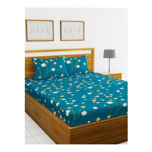 BIANCABlue & Green Floral Printed 152 TC Cotton 110 GSM Micro-Peached King Bedsheet With 2 Pillow Cover