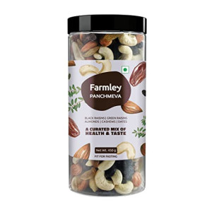 Farmley Premium Mixed Dry Fruits Panchmeva Superfood Tasty & Trail Mix Healthy Snacks Contains Almond,Cashew,Dates,Green And Black Raisins 450 Gm