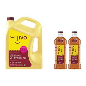 Jivo Premium Cold Pressed Kachi Ghani Pure Mustard Oil, 5 Litre &JIVO Kachi Ghani Chemical Free Mustard Daily Cooking Oil, 1 Liter