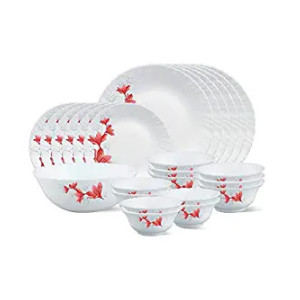 Borosil - Fluted Opalware Ruby Dinner Set, White, 25-Pieces