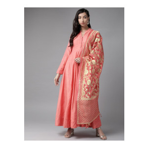 90% OFF VishudhWomen Coral Pink & Golden Solid Maxi Dress with Dupatta