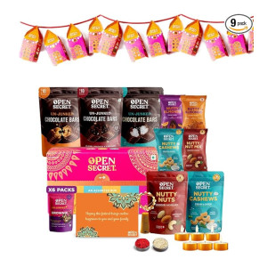 Open Secret Bhaidooj Hamper | 9 Item Gift Combo - Cookies, Dry Fruit and Nuts, Chocolates, Lights, Scented Candles, Decoration Kit for Bhai dooj and Diwali