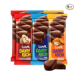LuvIt. Dairy Rich Chocolates Bar|Combo Pack Of Milk,Fruit & Nut,Roasted Almond|Deliciously Smooth|Pack Of 6-210G