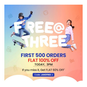 Firstcry : Free at 3 - First 500 Orders Free - Flat 100% Discount upto ₹1500 on first 500 Orders at 3 Pm today