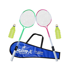 StarX Aluminum Shaft Unisex Badminton Racket with Double Wiring, Soft Grip, Light Weight, Cover Protected and Shuttle Cock (Multicolour) - Pack of 10 | Gym Equipment for Home Gym Workout