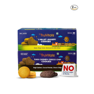 TruVitals Assorted Cookies with Millets & Jaggery | Ragi, Bajra, Almond, Chocolate Chips | NO Refined Sugar cookies Combo | Healthy Snacks & Tiffin | Pack of 2, 32 biscuits (Coupon)