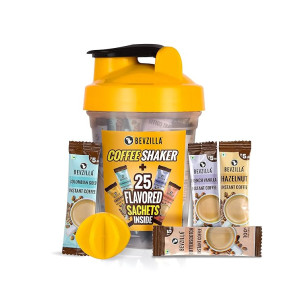 Bevzilla Instant Coffee Sachets & Bottle Pack With 25 Flavoured Coffee Sachets (2 Grams Each) And BPA Free Shaker 500 Ml For Office, School, Gym, College, Makes Cold Coffee, Frappe, Cafe Shakes At Home | English Butterscotch, Colombian Gold, French Vanilla & Turkish Hazelnut Flavour | Protein Shaker| Cold Coffee Shaker| Leak Proof | Gym Shaker Bottle