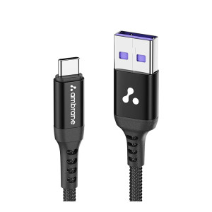 Ambrane Ultra Fast Type C Charging Cable, 65W VOOC Technology, Perfectly Compatible with Samsung, Mi, Realme, Oppo, Vivo, OnePlus, Nothing Devices, 480Mbps Data Sync, Braided, 1.2 M (ABCVS-12 Black)