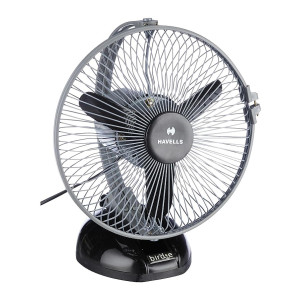 Havells Birdie 230mm Personal Fan | Aerodynamically designed , Blades with aerofoil section for maximum air | Unique rocker design, Multi use for desk & wall, Powerful motor | (Pack of 1, Black Grey)