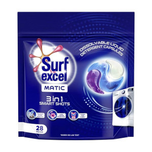 Surf Excel Matic 3 in 1 Smartshots - 28 units of dissolvable detergent capsules with Superior Stain Removal, Fabric Care and Long Lasting Fragrance. 1 shot = 1 wash