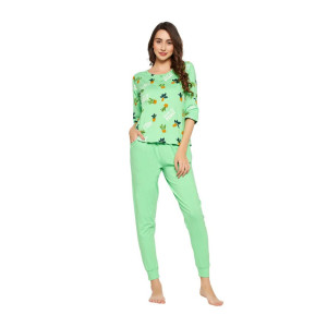 Clovia Women's Cotton Cactus Print Top & Chic Basic Pyjama Set in Green