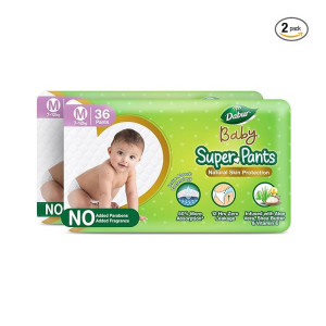 Dabur Baby Super Pants - M (36 Pieces, Pack of 2) | 7-12 kg | Insta-Absorb Technology | Diapers Infused with Aloe Vera, Shea Butter & Vitamin E | No Added Parabens, Added Fragrances