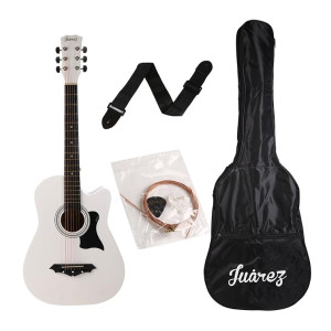 Juârez JRZ38C/WH 6 Strings Acoustic Guitar 38 Inch Cutaway, Right Handed, White with Bag, Strings, Picks and Strap