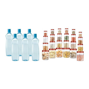 MILTON Vitro Plastic Pet Storage Jar and Container, Set of 24 & Pacific 1000 Pet Bottles 6 Pcs Set, Blue