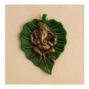 eCraftIndia Metal Golden Lord Ganesha on Green Leaf Wall Hanging Sculpture Decorative Religious Showpiece for Home Wall Decor, Pooja Room, Temple & House Warming Gift Purpose