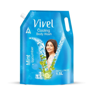 Vivel Exfoliating Body Wash, Mint & Cucumber, Moisturising Shower Gel, 1500ml, for Glowing skin and Moisturised Skin, Refill Pouch, All Skin Types