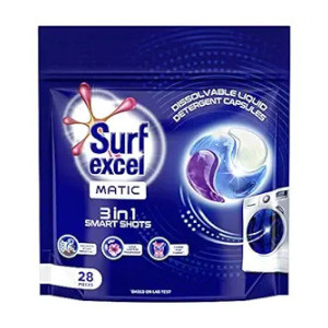 Surf Excel Matic 3 in 1 Smartshots - 28 units of dissolvable detergent capsules with Superior Stain Removal, Fabric Care and Long Lasting Fragrance. 1 shot = 1 wash [Apply code for extra 20 off - SURFSHOTS20]